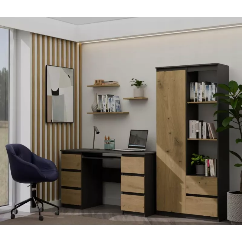 Top e Shop RS-80 BILY biuro knygų spinta, antracito rėmas, artisan ąžuolo durys, 7 lentynos, 2 stalčiai, 1800×800×350 mm