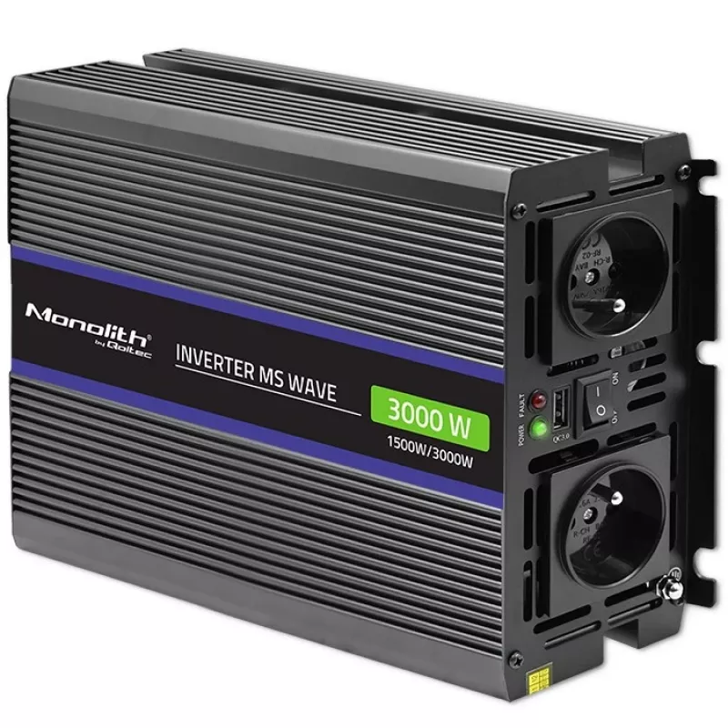 Galios keitiklis QOLTEC Monolith 3000 MS Wave, 12 V → 230 V, 1500/3000 W, su USB