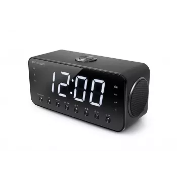 Radijo laikrodis Muse M-192 CR — skaitmeninis laikrodis, FM imtuvas, 1,8 colio LED ekranas, juoda mediena, AC 100–240V, AAA atsarginė