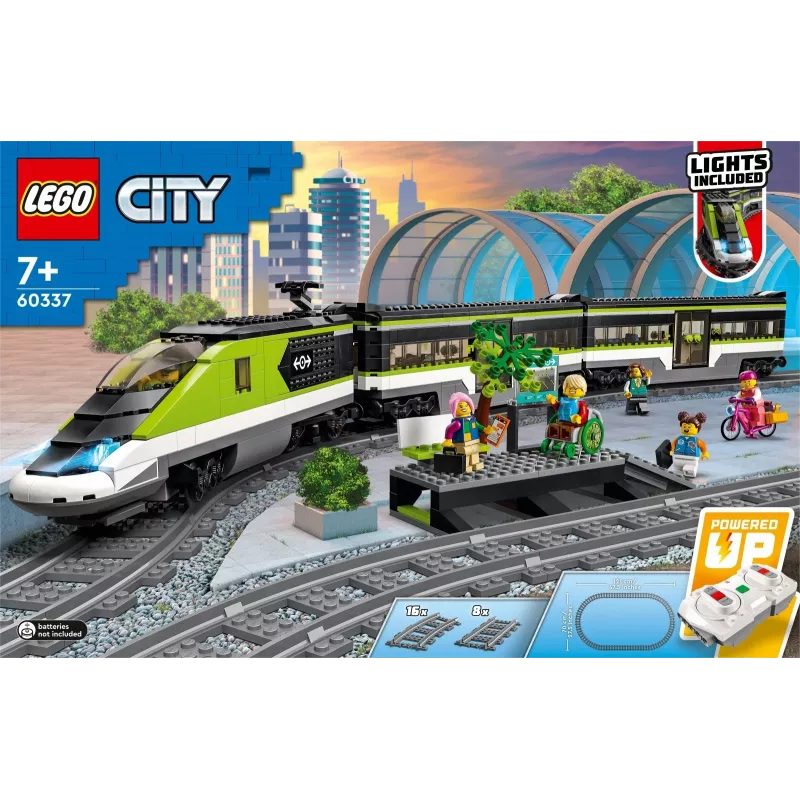 LEGO 60337 City Express keleivinis traukinys su nuotolinio valdymo pulteliu, žaislas vaikams, berniukams ir mergaitėms su veikiančiais priekiniais žibintais, 2 vagonais ir 24 bėgių detalėmis
