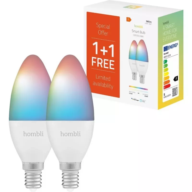 Hombli smarte lemputė, 4,5 W, E14, RGB, CCT, 1+1 reklaminis rinkinys