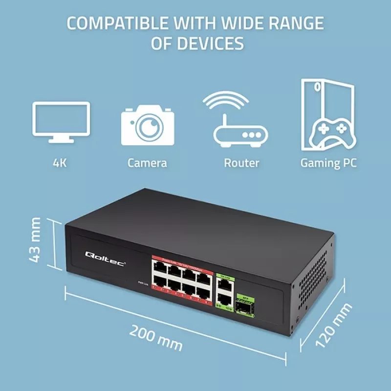 Ethernet komutatorius QOLTEC 52297 PoE RJ45 su PoE aukštyniniu ir SFP prievadu