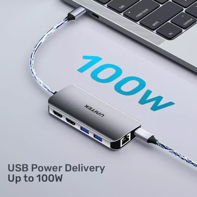 USB-C šakotuvas Unitek D1122A01 su 2x HDMI 4K ir 100W maitinimo tiekimu