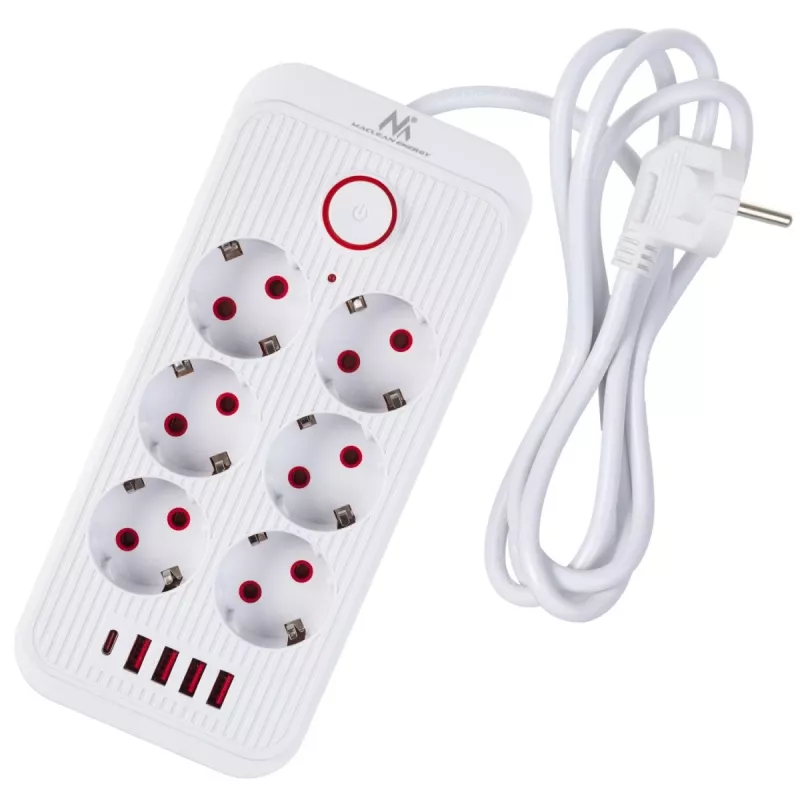 Maitinimo lizdų blokas MACLEAN MCE389 W — 6 lizdai, 4×USB-A, 1×USB-C, 2500 W, 110–240 V, 1,5 m laidas, baltas