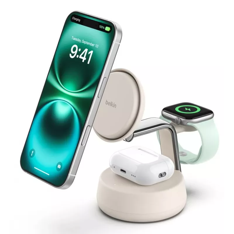 Belaidis USB įkroviklis Belkin Qi2 WIZ040KQSD — 25 W, USB maitinimas, 1,5 m laidas, baltas, skirtas išmaniajam telefonui, išmaniajam laikrodžiui, ausinėms, kūno rengybos stebėjimo prietaisui