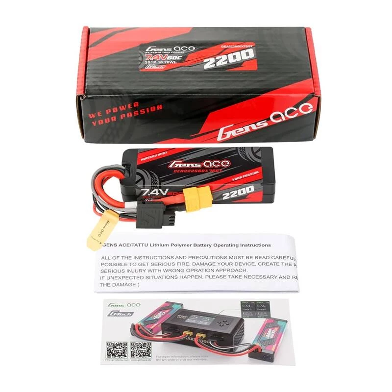 Lipo Gens ace G-Tech 2200mAh 7.4V 2S1P 60C GRP-76 Hardcase baterija su XT60 kištuku