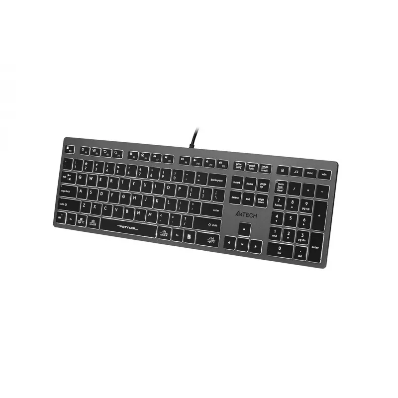 Laidinė A4Tech klaviatūra FX60H USB QWERTY — viso dydžio 100%, baltai apšviesta, pilka, USB šakotuvas