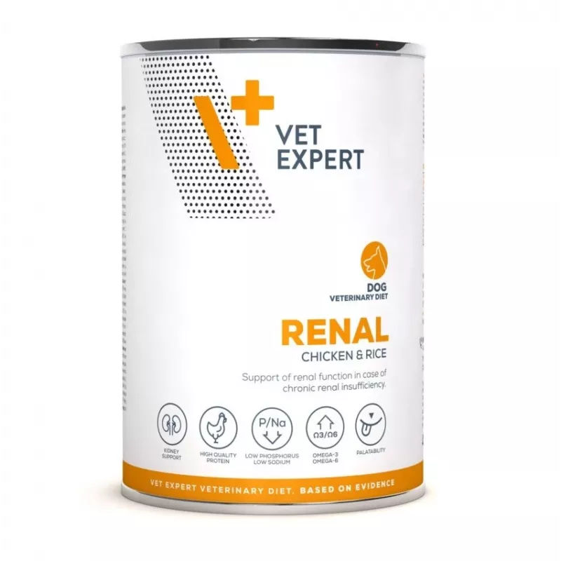 Šlapias šunų ėdalas VETEXPERT Renal Chicken 400 g — veterinarinė dieta šunims, turintiems inkstų sutrikimų, suaugusiems, 77% drėgmės, 6,3% baltymų