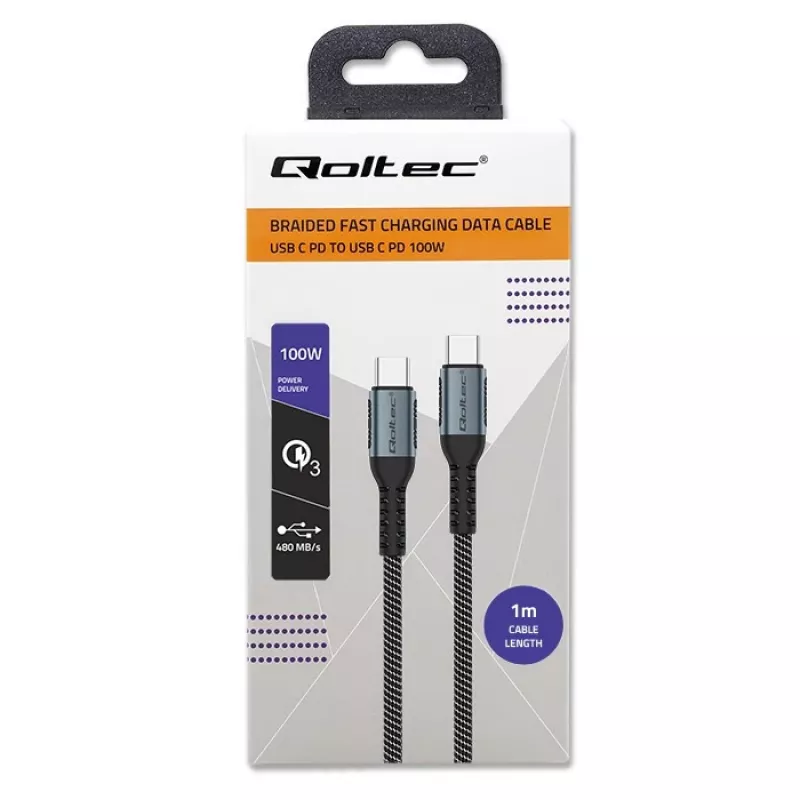 Qoltec laidas USB 2.0 Type C – USB 2.0 Type C 100W Qc 3.0 Pd 1m juodas