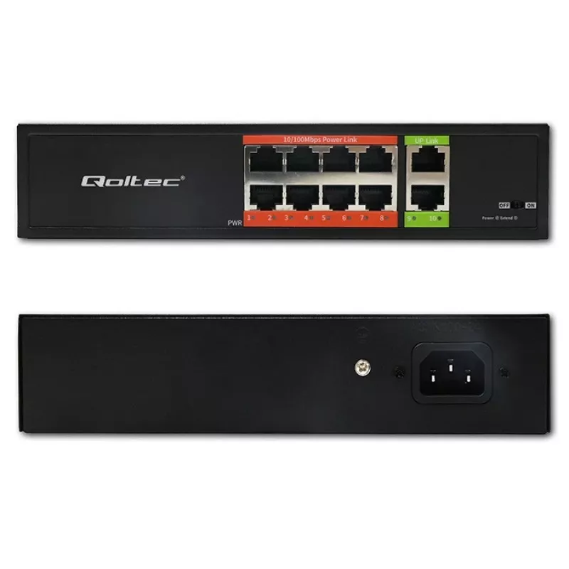 Tinklo komutatorius QOLTEC FAST Ethernet PoE 8xRJ45 su 2xRJ45 aukštyninio ryšio prievadais (modelis 52290)