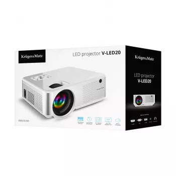 Standartinio nuotolio projektorius kruger & matz V-LED20 FullHD 1080p 1920×1080, LED, 1,4:1 projekcija, 15–150 colių ekranas, Bluetooth, 3 W garsiakalbis