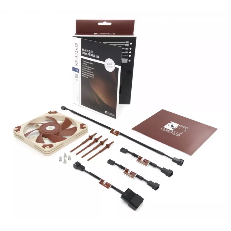 Ventiliatorius Noctua NF-A12x15 FLX — 120 mm plonas 15 mm PC korpuso ventiliatorius, 12 V, 1850 RPM, 94,2 m³/h, 23,9 dB, 3 kontaktų