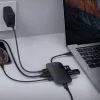 Nešiojamojo kompiuterio dokas AUKEY CB-C71 — 3x USB‑C (USB 3.2 Gen1), HDMI, RJ‑45, MicroSD, USB PD 100 W, 0,15 m kabelis, juodas