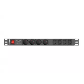 Maitinimo skirstytuvas LANBERG PDU-04E04I-0200-IEC-BK — 1U, 4 Type E lizdai, 2 m laidas, 10 A, 220–250 V