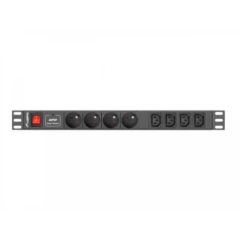 Maitinimo skirstytuvas LANBERG PDU-04E04I-0200-IEC-BK — 1U, 4 Type E lizdai, 2 m laidas, 10 A, 220–250 V