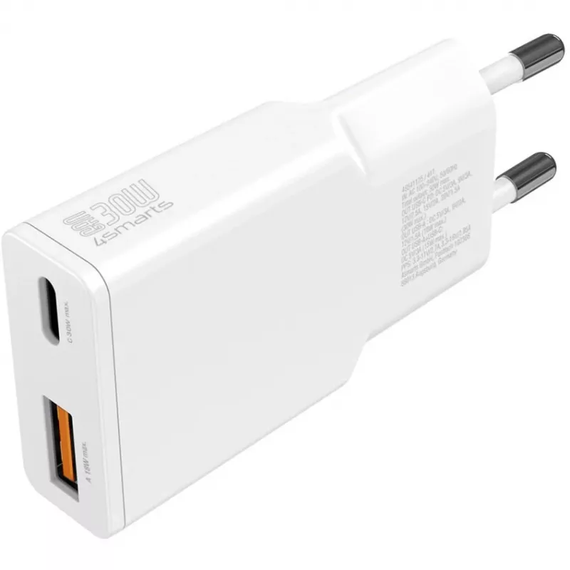 Įkroviklis 4smarts PDPlug Duos plonas išmaniesiems telefonams planšetėms baltas AC greitas įkrovimas