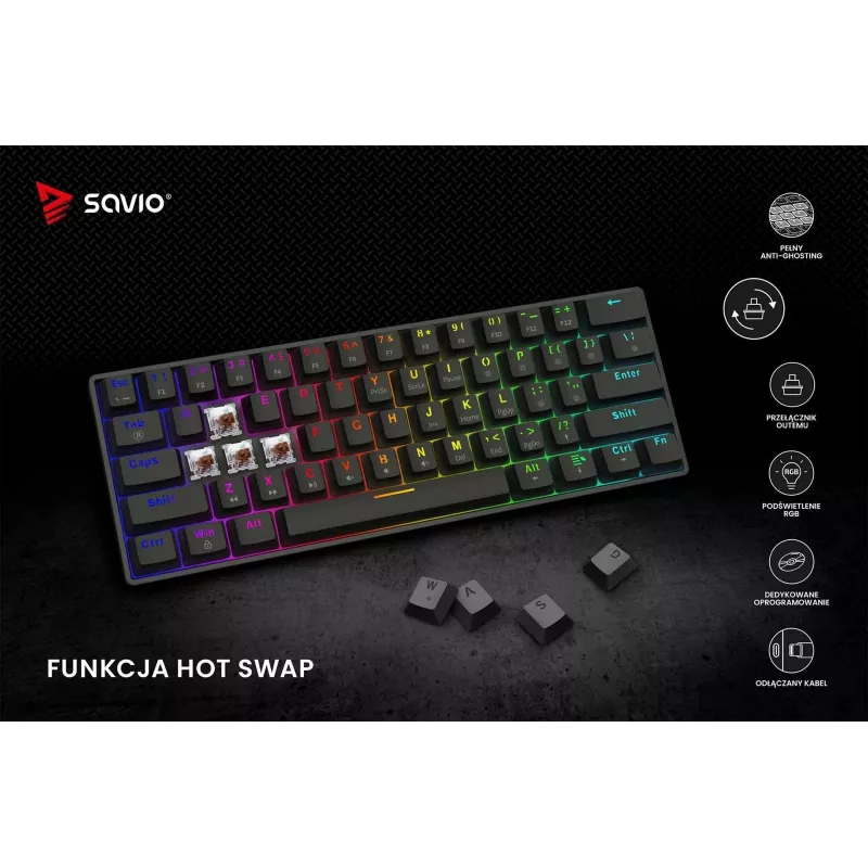 Mechaninė žaidimų klaviatūra SAVIO JuodaOUT X2 BROWN, 61 klavišų, 60 %, USB, QWERTY, RGB, Outemu Brown