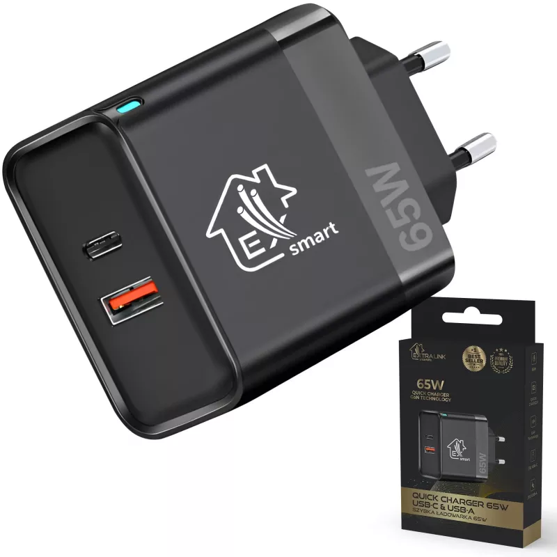 Maitinimo adapteris Extralink CHARESL06 65W su USB-C ir USB-A išvestimis