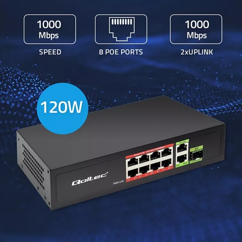 Ethernet komutatorius QOLTEC 52297 PoE RJ45 su PoE aukštyniniu ir SFP prievadu