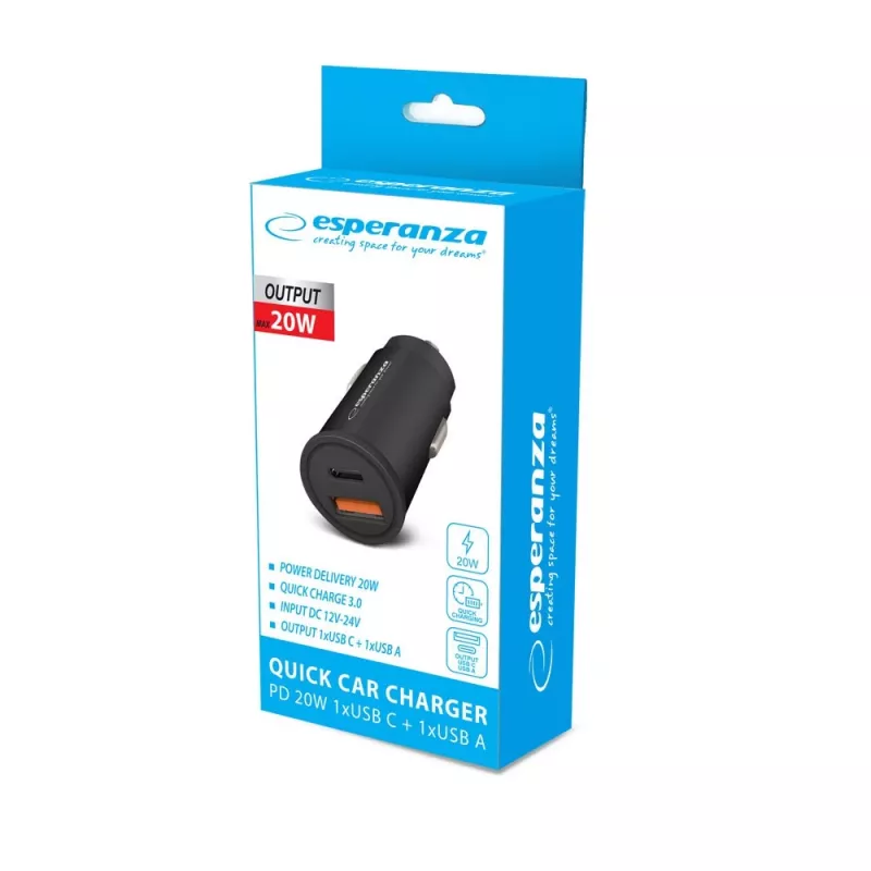 Automobilinis USB įkroviklis ESPERANZA EZC111K, 20W (USB-C PD 20W + USB-A QC3.0), 12–24V įvestis, juodas