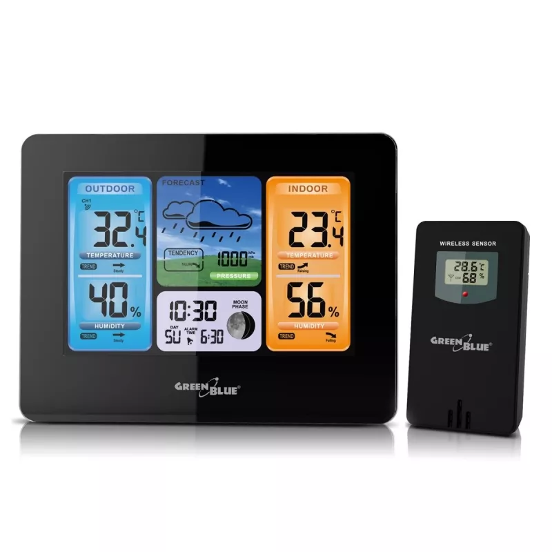 Skaitmeninė meteorologinė stotelė GreenBlue GB526 juoda — patalpoje -20…60°C, lauke -40…70°C, drėgmė -20…95%, laikrodis, mėnulio fazė