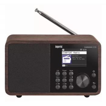 Nešiojamasis DAB+ radijas Imperial DABMAN i170 — FM/DAB+ imtuvas, 10 W RMS, 2,4 colio ekranas, 3,5 mm, USB-A, juoda/medžio spalva
