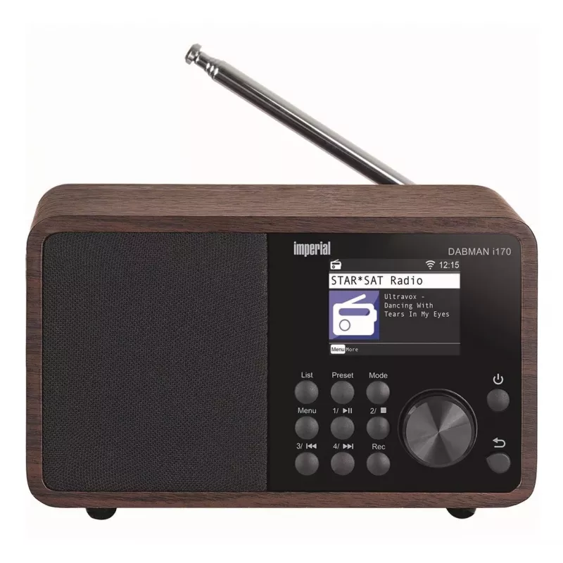 Nešiojamasis DAB+ radijas Imperial DABMAN i170 — FM/DAB+ imtuvas, 10 W RMS, 2,4 colio ekranas, 3,5 mm, USB-A, juoda/medžio spalva