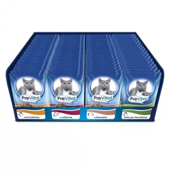 Šlapias kačių ėdalas PREVITAL Cat Food Mix 4 Flavors — vištiena, veršiena, lašiša, paukštiena, 96 x 100 g maišeliai (9,6 kg, suaugusioms katėms)