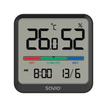 Vidaus temperatūros ir drėgmės jutiklis SAVIO CT-01/B atskirai stovintis, LCD, -10–55°C, 10–99% RH, CR2032