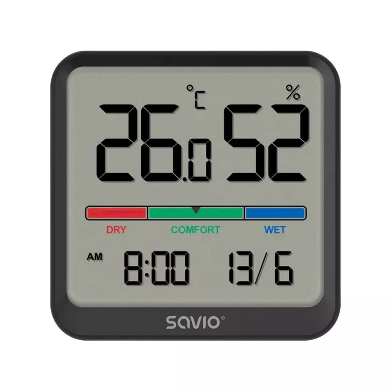 Vidaus temperatūros ir drėgmės jutiklis SAVIO CT-01/B atskirai stovintis, LCD, -10–55°C, 10–99% RH, CR2032