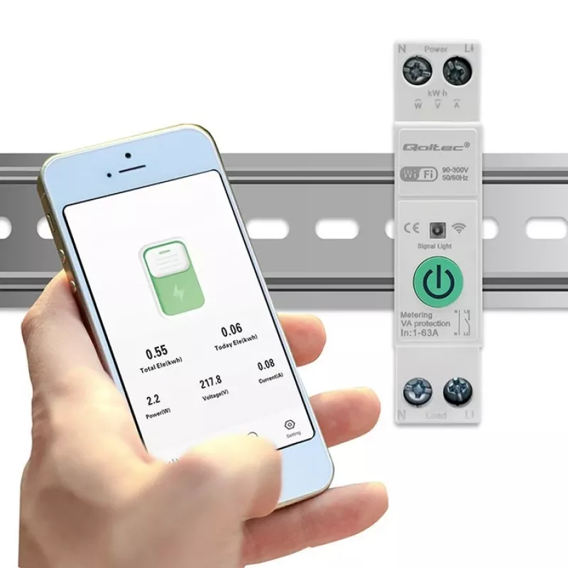 DIN bėgelio WiFi relė QOLTEC 50881 — tinklo perjungimo relė 63A elektros instaliacijoms