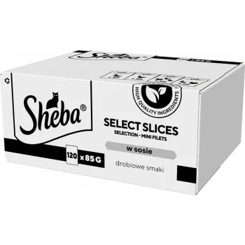 Šlapias kačių maistas Sheba Select Slices paukštienos skonių rinkinys — 120 x 85 g pakelių, suaugusioms katėms, 83% drėgmės