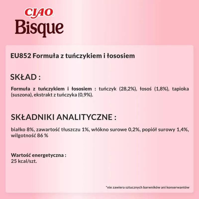 Šlapias kačių skanėstas INABA Ciao Bisque Tuna su lašiša 40 g — žuvies skonio skystas pakelis, 86% drėgmės, 8% baltymų