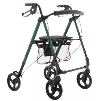 Vaikštynė MDH Green su sėdyne ir krepšiu — aliuminio rėmas, 4 ratai, reguliuojamas aukštis, maks. apkrova 136 kg