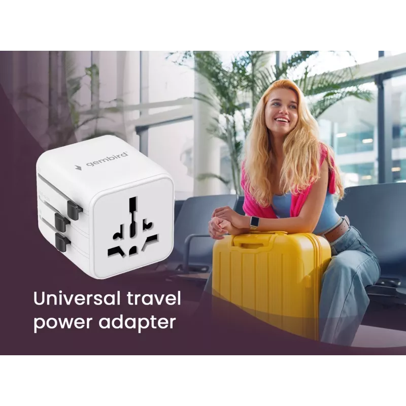 Universalus kelioninis maitinimo adapteris GEMBIRD TPA-INT-01-W — įvestis 100–250V, Type G kištukas, kompaktiški matmenys 84×56×85 mm