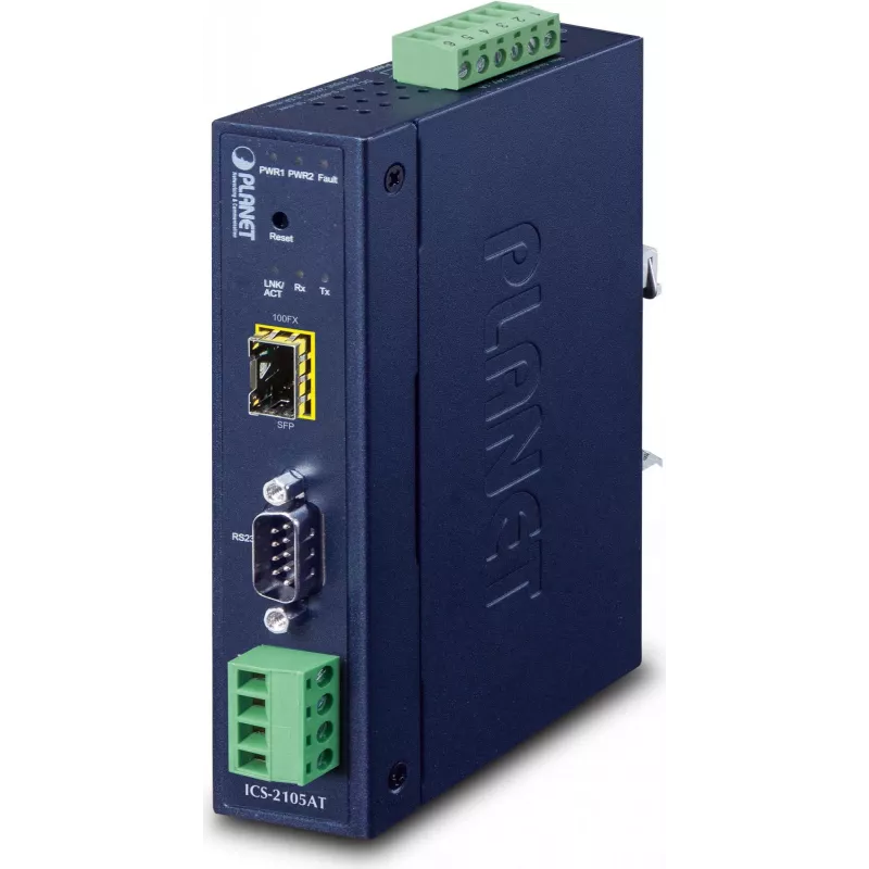 Planet pramoninis RS-232 -422 -485 į IP keitiklis - 1x COM - 1x 100Base-FX -SFP - 9-48VDC - -40-+75