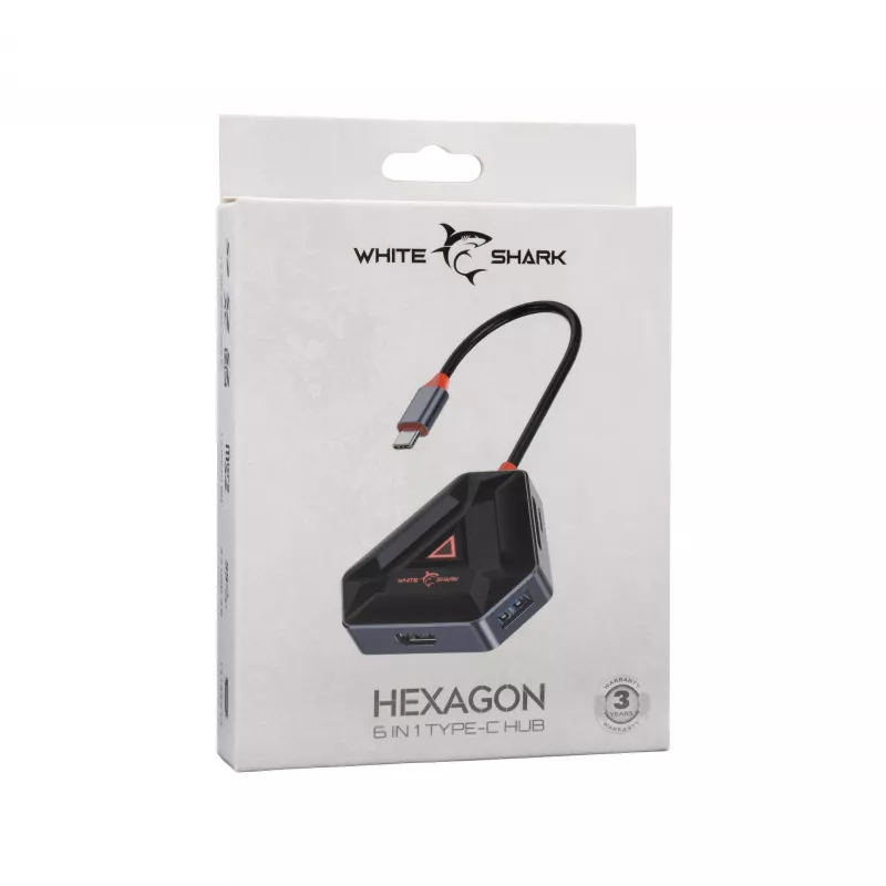 USB-C šakotuvas SBOX HEXAGON 6-in-1 su HDMI ir Ethernet, Type-C baltas