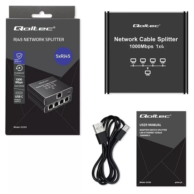 Ethernet mini jungiklis QOLTEC 52293 1x4 RJ45, 1 įėjimo 4 išėjimų nevaldomas tinklo skirstytuvas