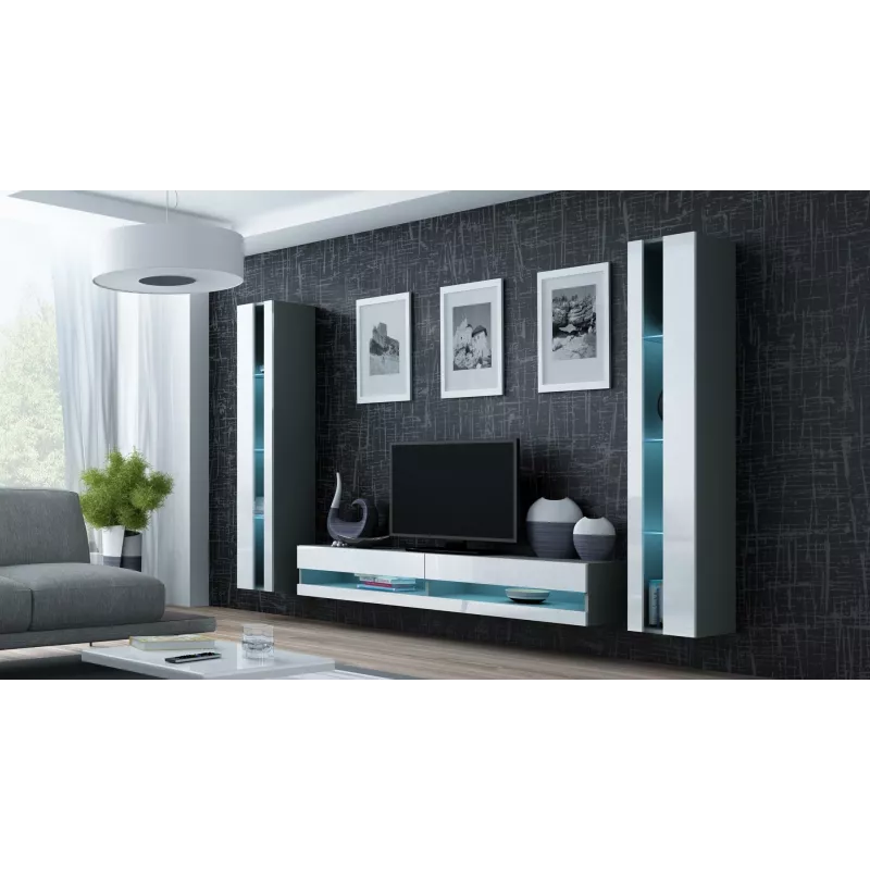TV staliukas Cama Meble VIGO NEW 30/140/40 — 1400×400×300 mm, pilkas viršus, medžio drožlių plokštė, pilkas rėmas, balti blizgūs fasadai