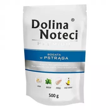 Šlapias šunų maistas dolina noteci Premium Rich in Trout 500 g — visavertis suaugusių šunų šlapias maistas, 79% drėgmės, 11% baltymų, 5% riebalų