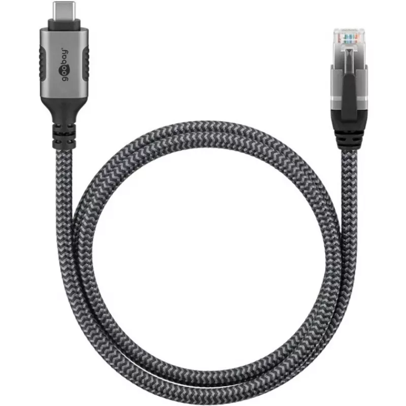 Ethernet laidas USB-C 3.2 Gen2 kištukas > RJ-45 kištukas, LAN adapteris juodas/sidabrinis, 3 metrai, pintas medžiaginis apvalkalas