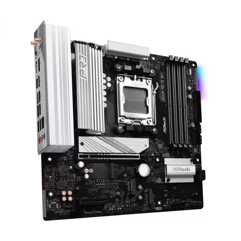 ASRock B850M Pro RS WiFi pagrindinė plokštė — AMD B850, Socket AM5, microATX, DDR5, 4 DIMM, 256GB, Wi‑Fi 6E, 2.5Gb LAN, 3x M.2