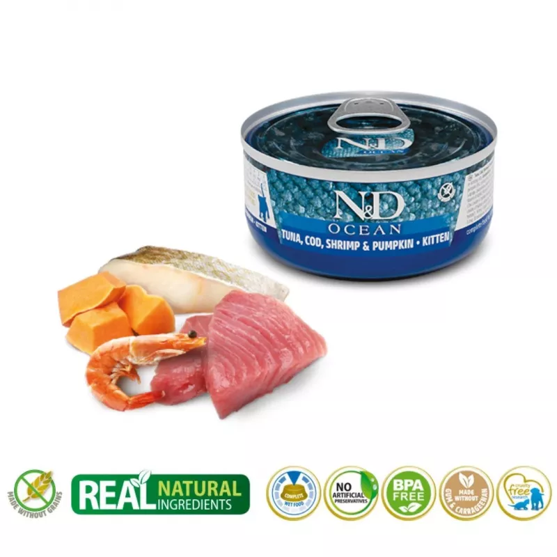 Šlapias kačių maistas Farmina N&D Ocean Kitten Tuna, Cod & Shrimp with Pumpkin 70 g skardinė