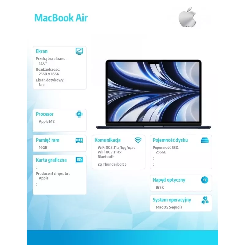 „MacBook Air“ 13,6 col. : M2 8/8, 16 GB, 256 GB – vidurnakčio mėlyna