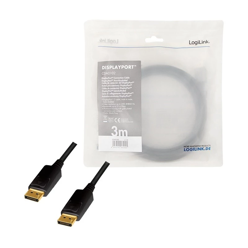 DisplayPort kabelis LogiLink CDA0102 3 m Pilka Juoda