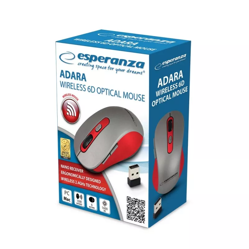 Belaidė optinė pelė ESPERANZA EM131R 2,4 GHz, 1600 DPI, abiem rankoms tinkama, nano USB imtuvas, 6 mygtukai, pilka