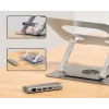 Nešiojamojo kompiuterio stovas Unitek D1109B01 — aliuminis reguliuojamas stovas su nuimamu USB‑C HDMI 4K PD 100W moduliu, iki 17 colių