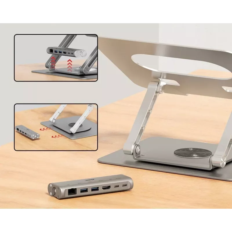 Nešiojamojo kompiuterio stovas Unitek D1109B01 — aliuminis reguliuojamas stovas su nuimamu USB‑C HDMI 4K PD 100W moduliu, iki 17 colių
