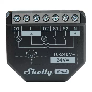 Shelly 2PM Gen4 roletų/žaliuzių pavara 2 kanalai, kintamoji srovė 110–240 V, 2,4 GHz „Wi‑Fi“, 1,4 W, 8000 KB „flash“ atmintis