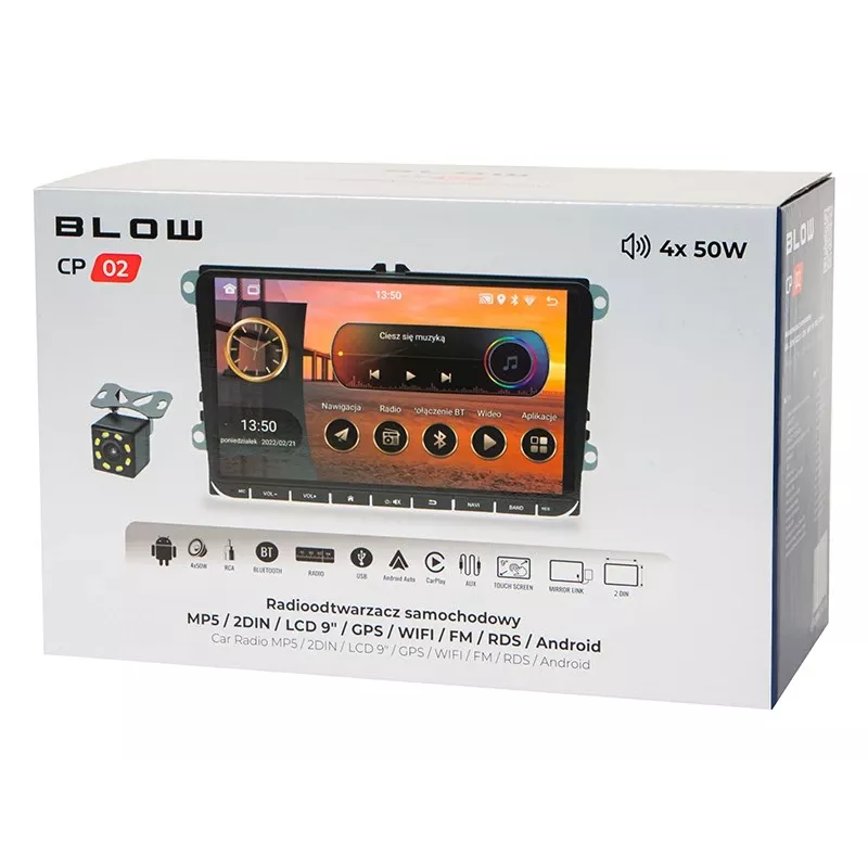 Automagnetola BLOW CP02 2DIN 9 colių jutiklinis ekranas Android GPS, dvigubas DIN daugialypės terpės įrenginys
